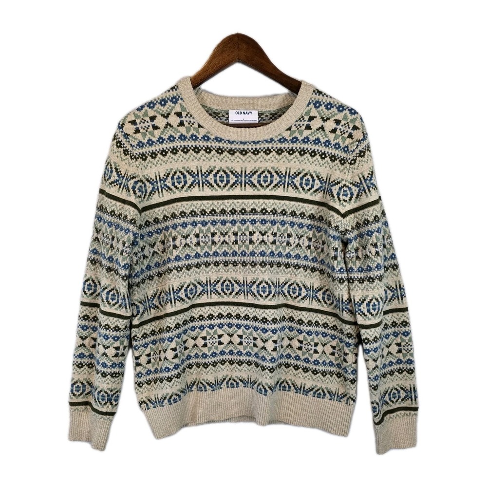 Old Navy Sweater Womens Small Beige Blue Green Fair Isle Crewneck Knit Pullover